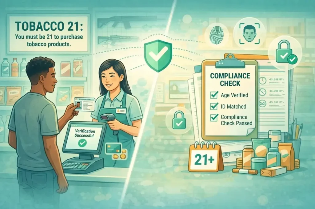 A retail cashier scanning a government-issued ID at a point-of-sale terminal, a "Tobacco 21" sign clearly visible in the background, diverse characters