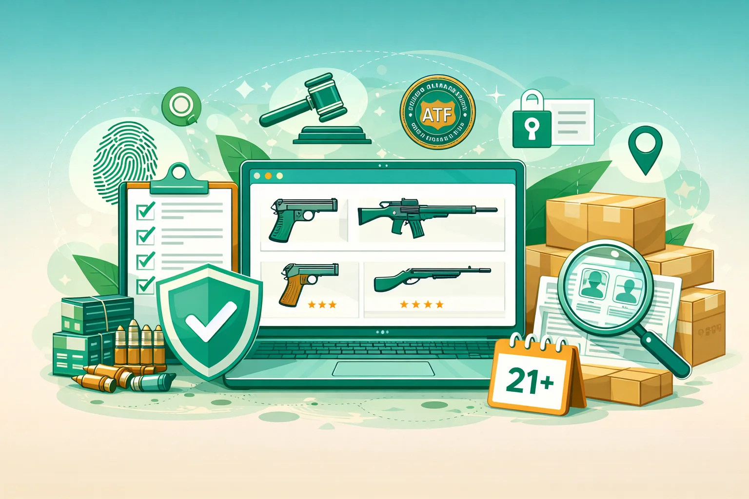 Online firearm sales verification with age check, ATF compliance, and ID verification symbols on ecommerce platform.