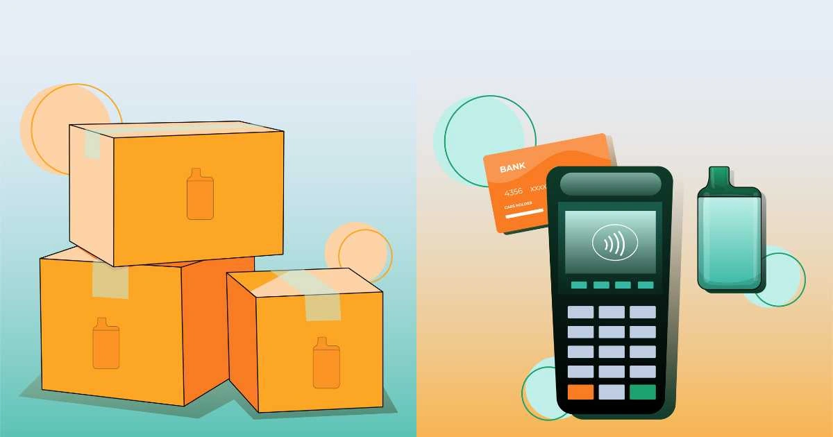 Vape tax compliance concept showing shipping boxes and retail checkout with a vape device and card reader.
