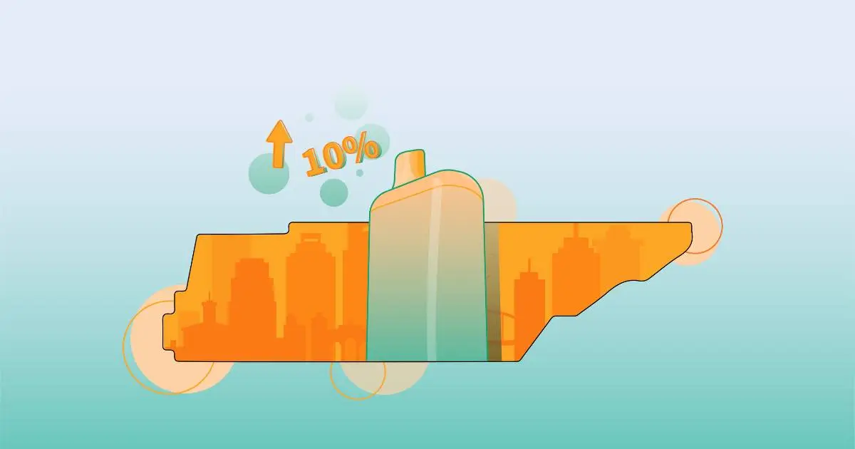 Tennessee vape tax increase concept showing 10% rate with city skyline and vape device