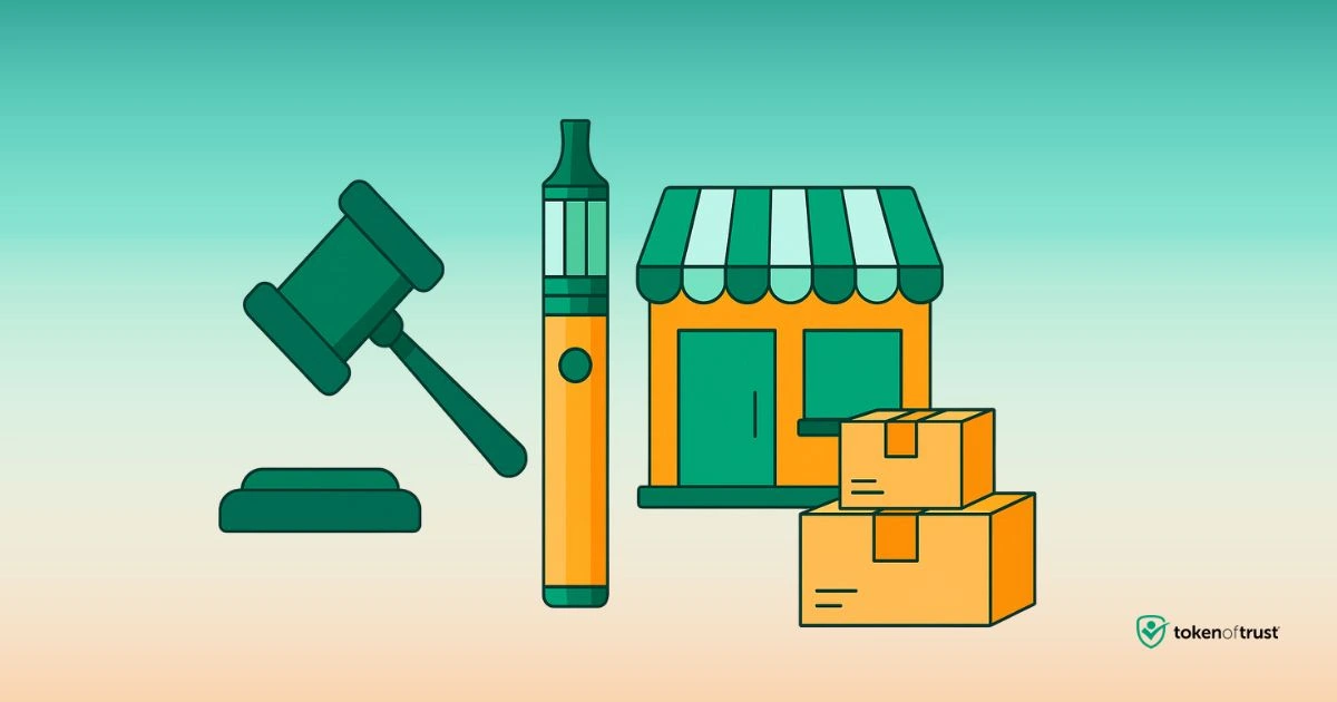 Illustration of vape pen, gavel, storefront, and packages representing vape industry regulations