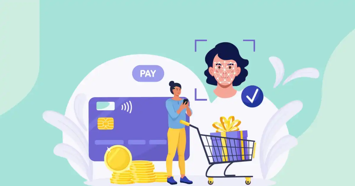 Shopper cartoon image with cards and shopping cart, with facial estimation.