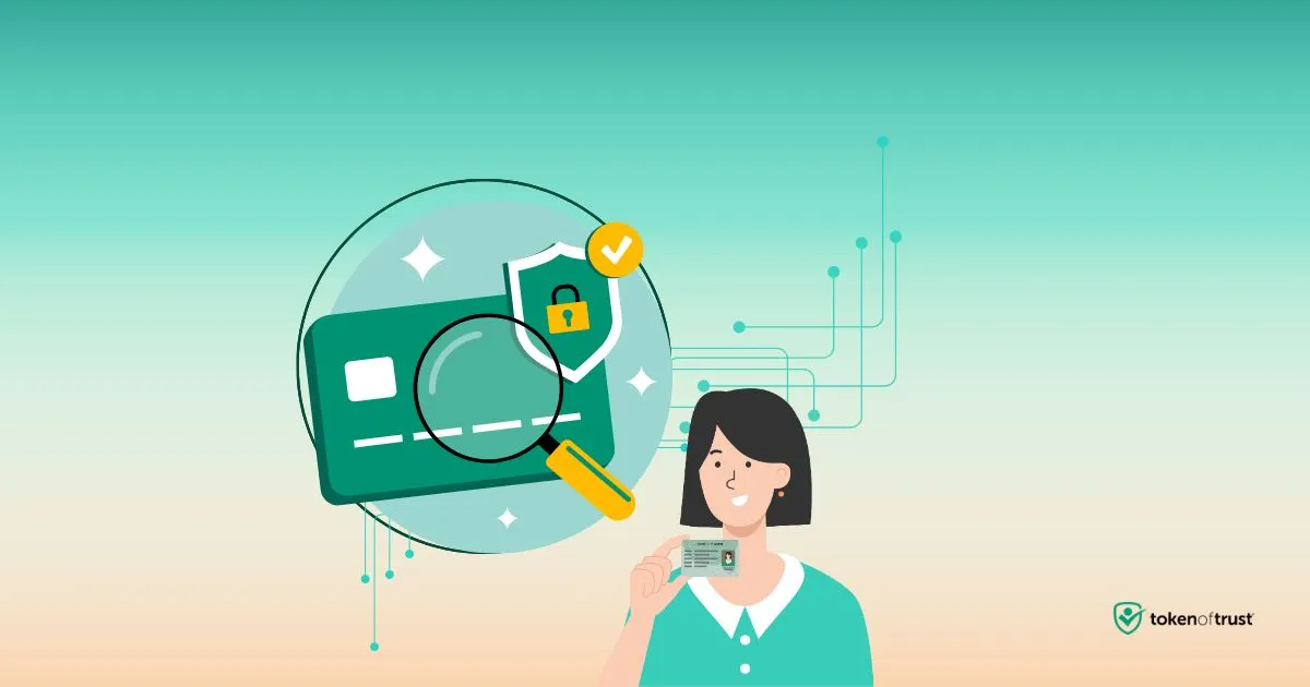 Digital illustration of identity verification using ID and secure data analysis in Token of Trust branding.