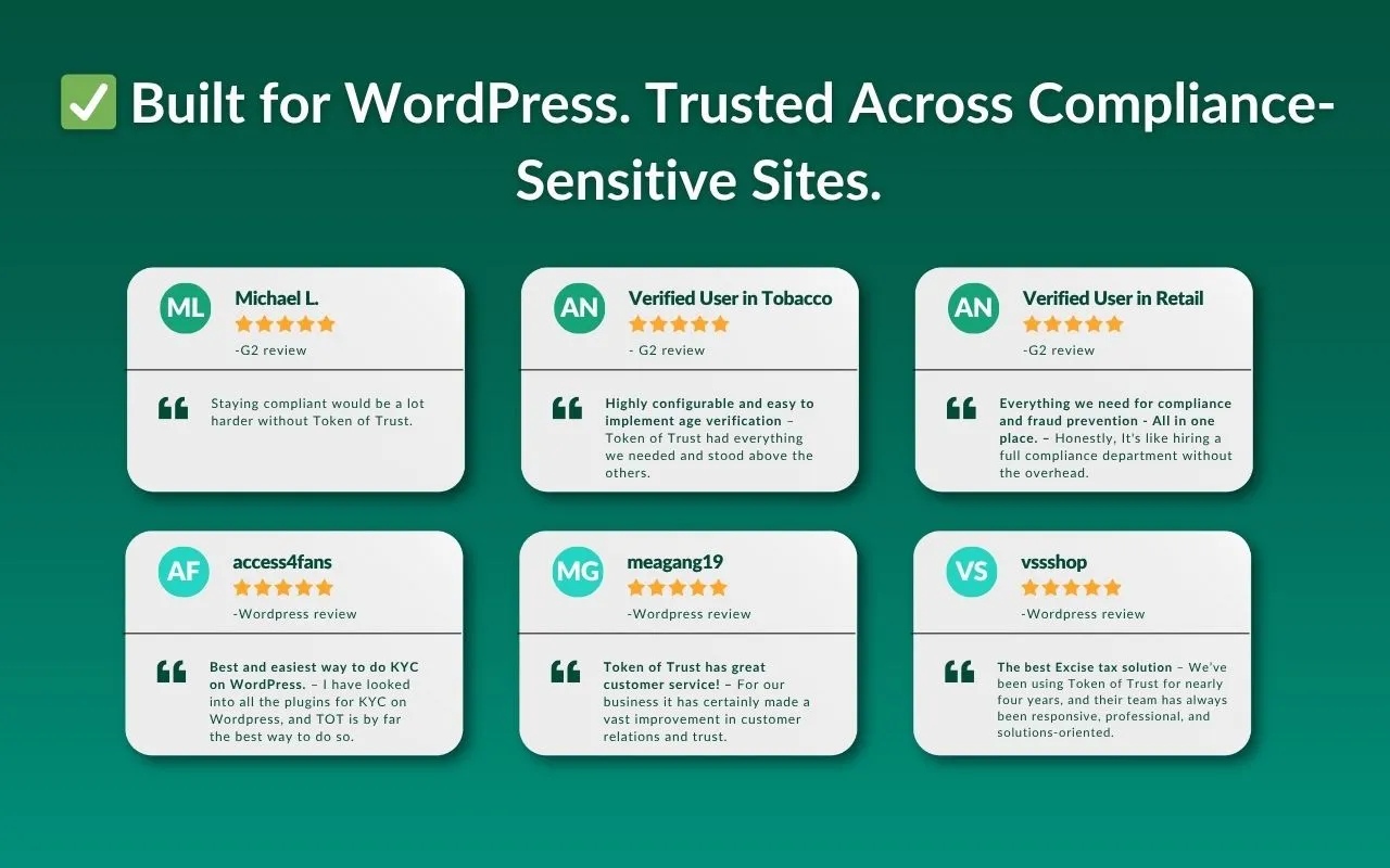 Token of Trust identity verification plugin 5-star reviews from G2 and Wordpress