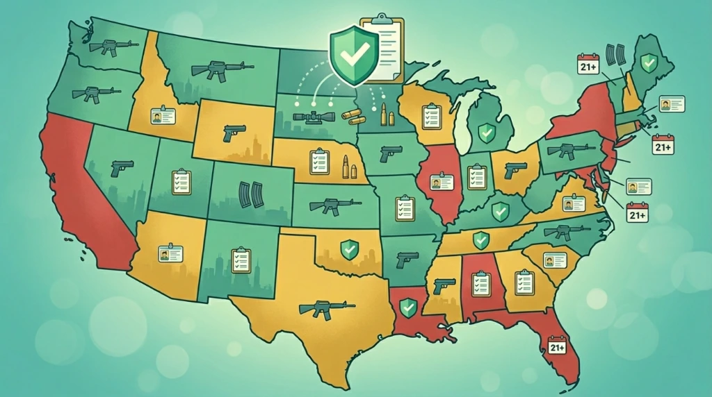 A stylized illustrated map of the United States with different states colored in green, yellow, and red to represent approval status, small product icons scattered across states, bold graphic design style, wide aspect ratio 16:9, no text or labels in the image