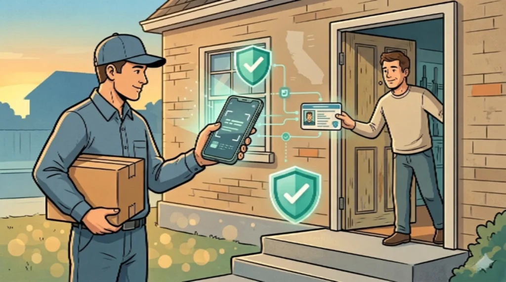 A stylized illustration of a delivery driver at a doorstep handing a package to a customer while scanning an ID with a mobile device, bold graphic novel illustration style, warm neutral tones with blue accents, wide aspect ratio 16:9, no text or labels in the image
