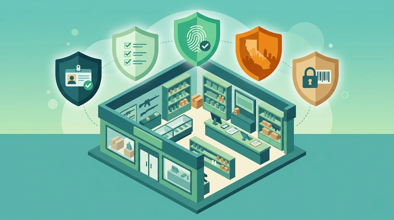 A flat design illustration of a retail store with five distinct compliance shield icons floating above it, each representing a different layer of protection, bold colors, isometric style, wide aspect ratio 16:9, no text or labels in the image