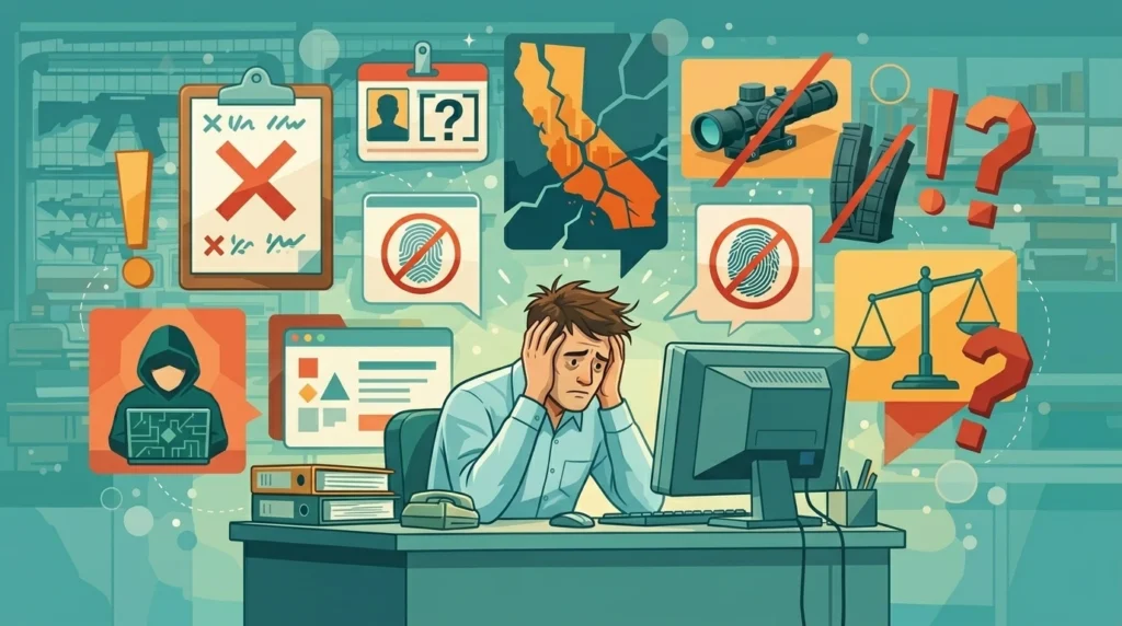 A stylized illustration of a business owner at a desk looking stressed, surrounded by floating warning notices and document icons, editorial illustration style, geometric shapes, wide aspect ratio 16:9, no text or labels in the image