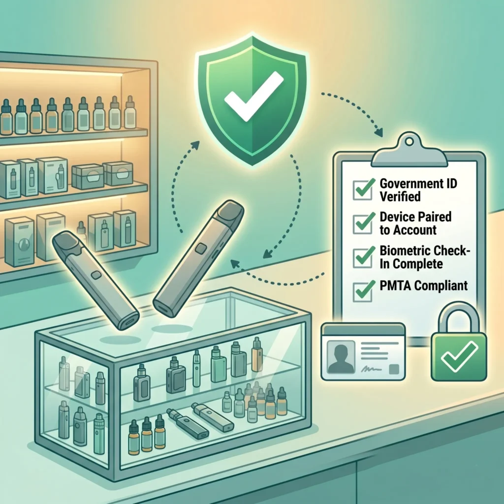 Flat digital illustration in a clean, modern infographic style. Teal and mint green background with a soft warm golden/yellow radiant glow in the upper center. No people, no characters, no hands, no weapons, no firearms, no guns of any kind. The scene is set inside a vape retail store. On the left side, a warm-lit display shelf mounted on the wall holds neatly arranged vape product boxes and e-liquid bottles. Below it, a glass retail counter is visible — the counter display case contains only vape devices and e-liquid bottles, nothing else. Two floating vape pen devices are illustrated mid-air on the left and center of the image, rendered in muted silver-gray tones with smooth rounded edges. On the right side, a clipboard displays a compliance checklist with four green checkmark line items: "Government ID Verified", "Device Paired to Account", "Biometric Check-In Complete", and "PMTA Compliant". Below the clipboard sits a government ID card icon and a green padlock with a checkmark, indicating secured verification. At the top center, a glowing green shield with a white checkmark floats above the scene. Dashed curved arrows form a circular flow connecting the vape devices → the shield → the clipboard → back around, suggesting a compliance verification loop. Color palette: soft teal, sage green, warm beige/cream, and golden ambient light bloom. Smooth rounded edges, subtle drop shadows, flat 3D illustration style. No harsh outlines.
