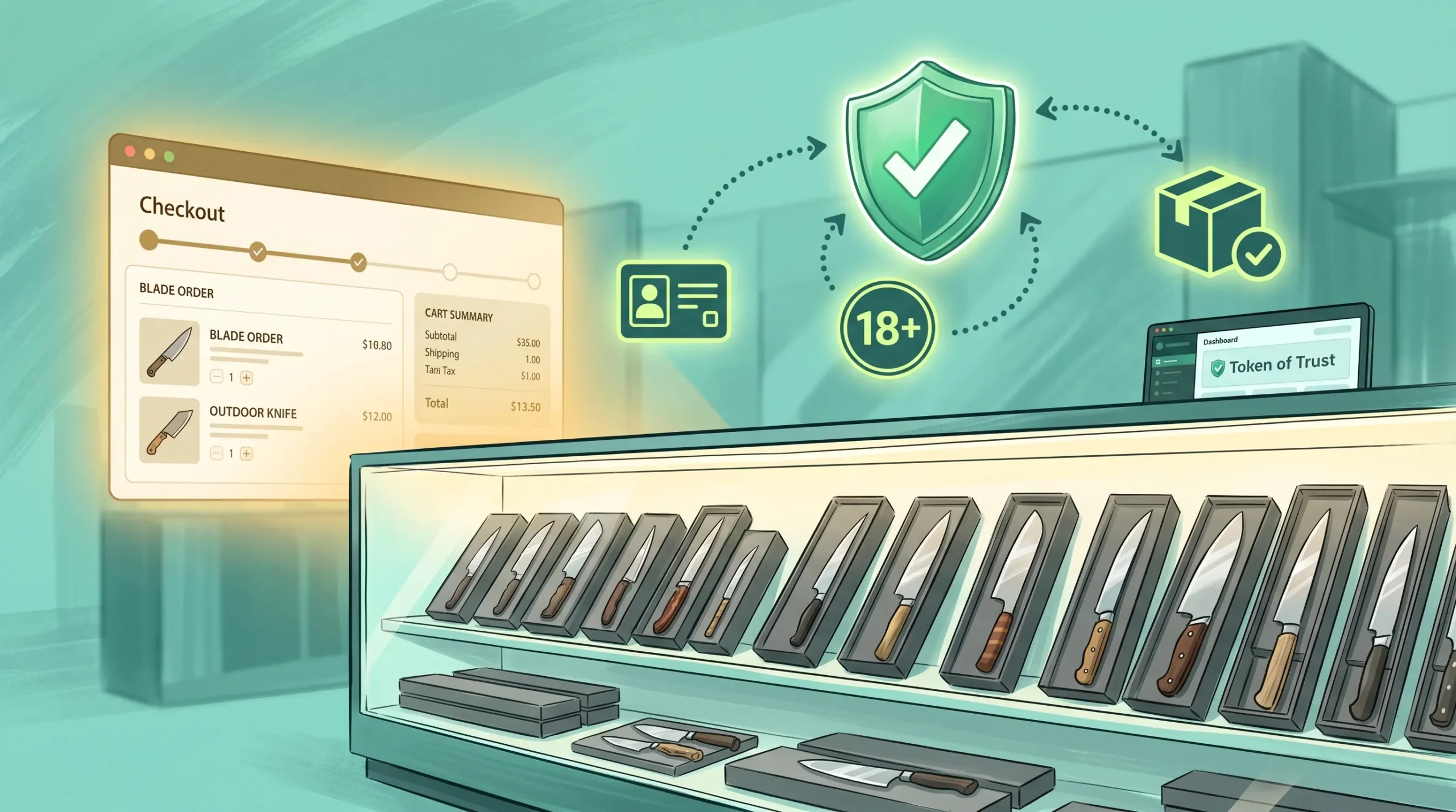 A semi-realistic digital editorial illustration in a wide 16:9 format showcasing age verification compliance for online knife retail. The scene features a clean, modern display case filled with rows of cooking and outdoor knives in unbranded boxes under warm golden ambient lighting. The background has a teal and mint green color wash with a floating, stylized e-commerce checkout screen displaying a knife order. Above the counter, a glowing green compliance shield with a white checkmark floats in the air, connected by curved, dotted arrows to an ID card icon, an "18+" age badge, and a delivery box with a verification checkmark. A small dashboard screen to the right subtly displays the "Token of Trust" wordmark.