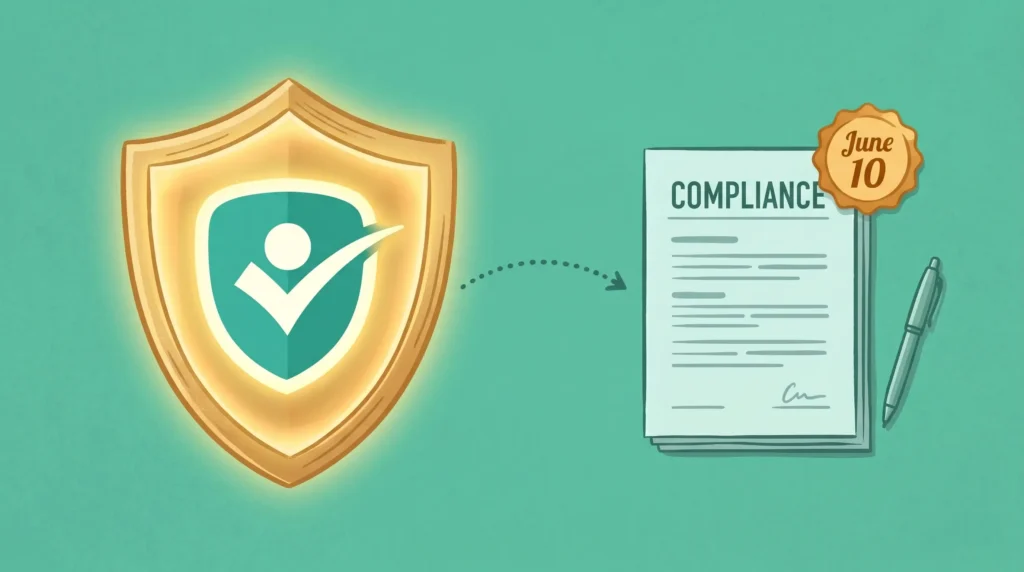 A semi-realistic digital editorial illustration set against a clean teal background. On the left, a large golden shield glows warmly, featuring a prominent teal shield emblem with an integrated checkmark and circle motif inside. A curved, dotted black arrow leads from the shield toward a compliance document on the right. The document features the word "COMPLIANCE" at the top, a stylized signature at the bottom, and a scalloped amber badge on its top-right corner reading "June 10". A single pen rests vertically beside the document.
