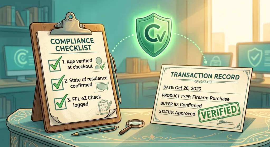 A semi-realistic editorial illustration of a regulatory compliance workflow set in a mint-teal environment with warm, golden lighting. On the left, a wooden clipboard displays a "Compliance Checklist" with three green checkmarks next to the steps: "Age verified at checkout," "State of residence confirmed," and "FFL eZ Check logged". On the right, a transaction record card shows details for a firearm purchase and is marked with a bold green "VERIFIED" stamp. A glowing green shield floats in the center, connected to both the clipboard and the record by curved, dotted lines, symbolizing a secure and verified process.