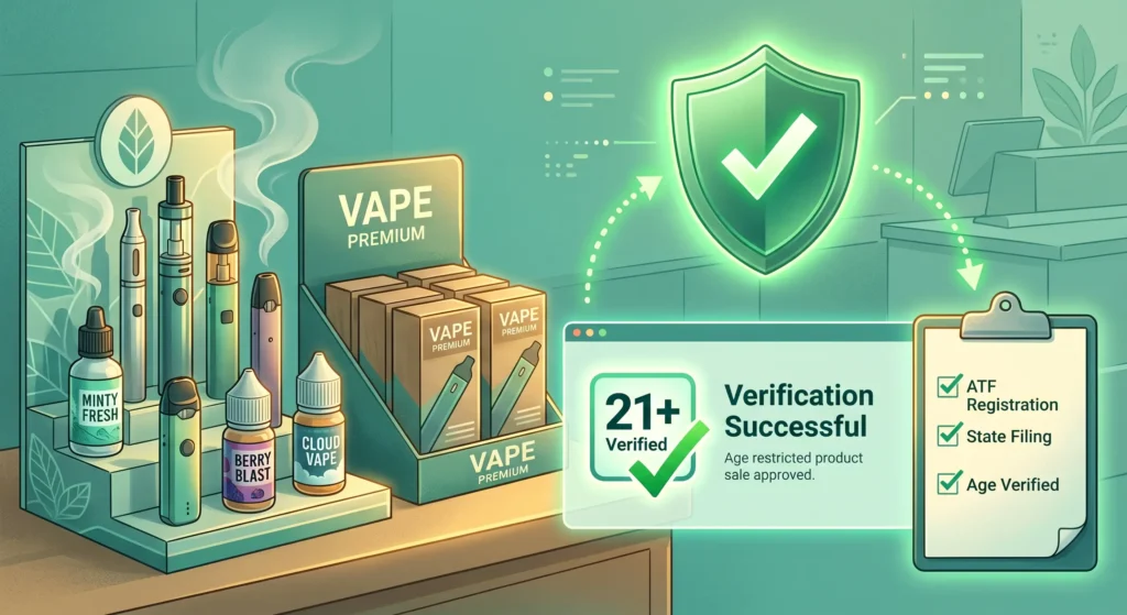 A semi-realistic digital editorial illustration featuring a professional vape product display on a counter, bathed in a teal and mint green color wash with warm golden lighting. In the upper center, a glowing green shield with a white checkmark floats, connected by dotted curved arrows to a digital "Verification Successful" screen and a compliance checklist clipboard. The screen displays a "21+ Verified" badge, while the clipboard shows green checkmarks next to "ATF Registration," "State Filing," and "Age Verified". No human figures or third-party logos are present.