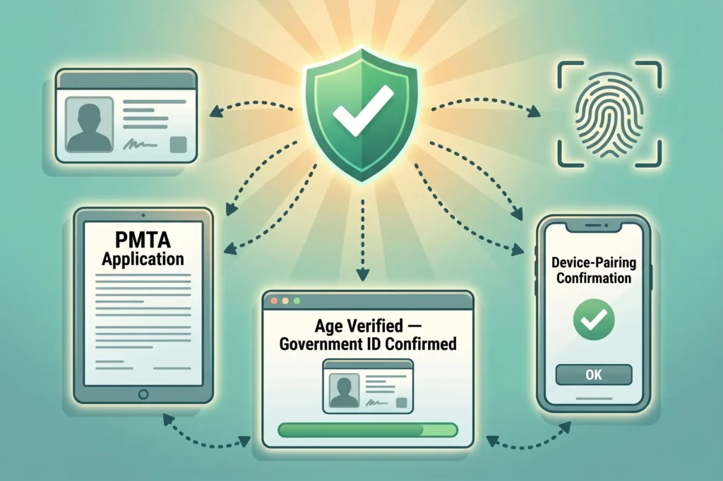 Flat digital illustration in a clean, modern infographic style. Teal and mint green background with a soft warm golden/yellow radiant glow bursting from the upper center of the image. No people, no characters, no hands, no human figures of any kind. At the center-top, a glowing green shield with a white checkmark floats prominently, radiating warm golden light rays behind it. Dashed curved arrows extend outward from the shield in multiple directions, connecting to surrounding floating UI elements. The connected elements arranged around the shield are: Upper left — a floating government ID card icon, rendered in muted teal and gray tones with a placeholder silhouette and text lines Upper right — a fingerprint scan icon inside a square bracket frame, suggesting biometric verification Lower right — a floating smartphone displaying a screen that reads "Device-Pairing Confirmation" with a green checkmark and an "OK" button Lower center — a floating browser/app window displaying "Age Verified — Government ID Confirmed" with a placeholder ID card image and a green confirmation bar at the bottom Center-left — a floating tablet displaying a document titled "PMTA Application" with form lines visible All elements float symmetrically in space against the teal background with no desk, no furniture, no people. Dashed arrows connect all elements back to the central shield in a circular verification flow. Color palette: soft teal, sage green, warm cream, and golden glow. Smooth rounded edges, subtle drop shadows, flat 3D illustration style.