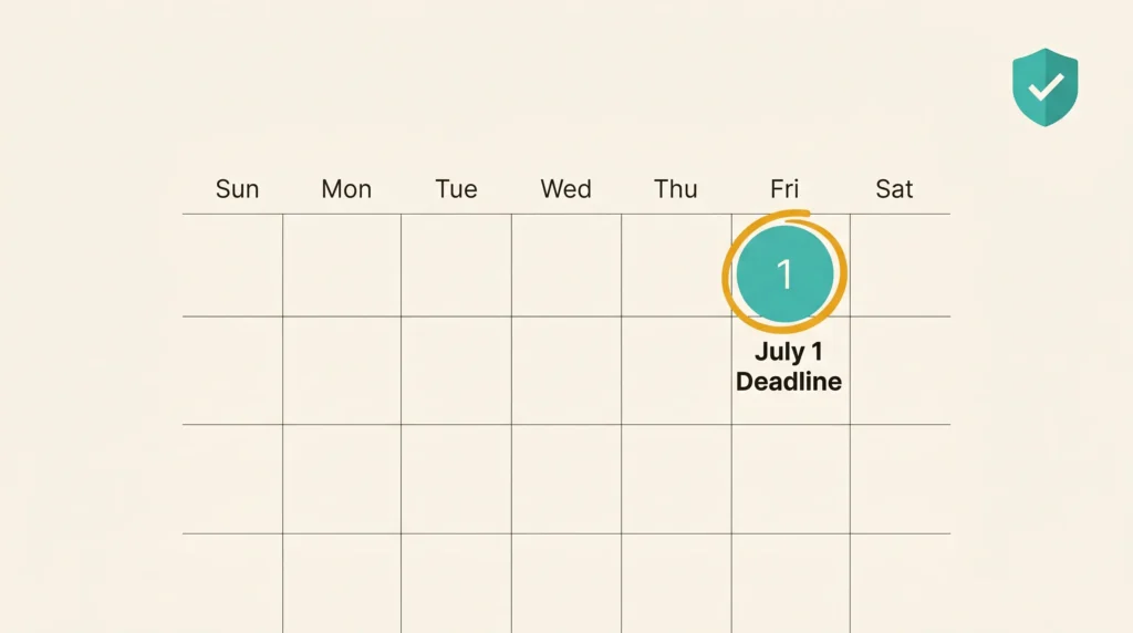 A minimalist, flat editorial illustration CTA banner in a 16:9 aspect ratio, set against a warm off-white background with generous negative space. The center features a clean and simple monthly calendar grid. On the grid, the date Friday the 1st is highlighted with a solid teal circle, outlined with a subtle golden-amber accent ring. Directly beneath the circled date, bold black text reads "July 1 Deadline." In the upper right corner sits a small, flat teal compliance shield icon containing a simple white checkmark.