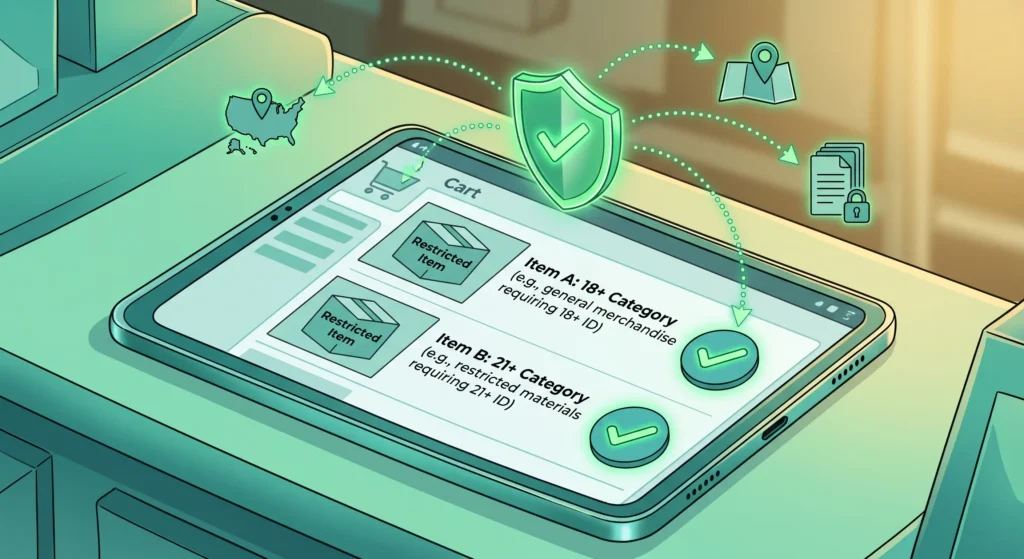 A digital editorial illustration in a semi-realistic cartoon style featuring a tablet screen showing an e-commerce checkout cart. The cart contains two "Restricted Item" boxes: one for an 18+ Category and one for a 21+ Category, each marked with a teal age-verification badge and a green checkmark. A glowing green compliance shield floats above the tablet, connected by dotted curved arrows to a state map icon and a digital transaction ledger, symbolizing geographic regulation and audit trails. The scene is set in a professional teal and mint green environment (#3DBFAD) with warm, golden ambient lighting.