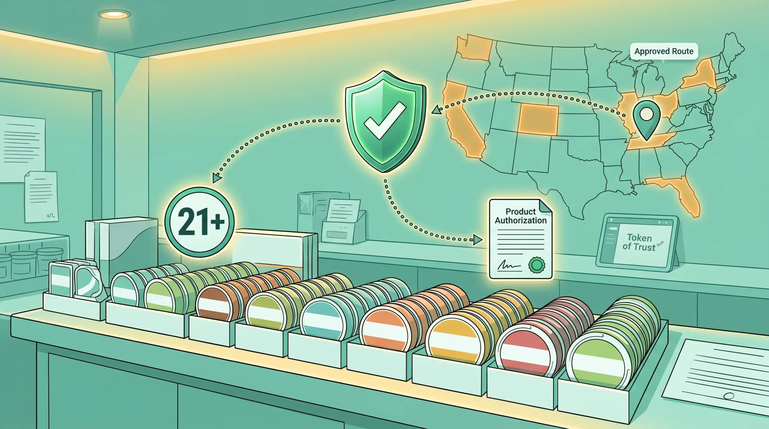 A semi-realistic digital editorial illustration in a wide 16:9 format, featuring a modern retail counter display with rows of unbranded nicotine pouch cans and lozenge containers. The scene is bathed in a teal and mint green color wash with warm golden ambient accent lighting. Floating in the background is a US map outline with several states highlighted in amber. A glowing green compliance shield with a white checkmark floats above the counter, connected by dotted curved arrows to a "21+" age badge icon, a "Product Authorization" document icon, and a shipping destination pin on the map. A digital tablet displaying a subtle "Token of Trust" wordmark rests on the back counter.