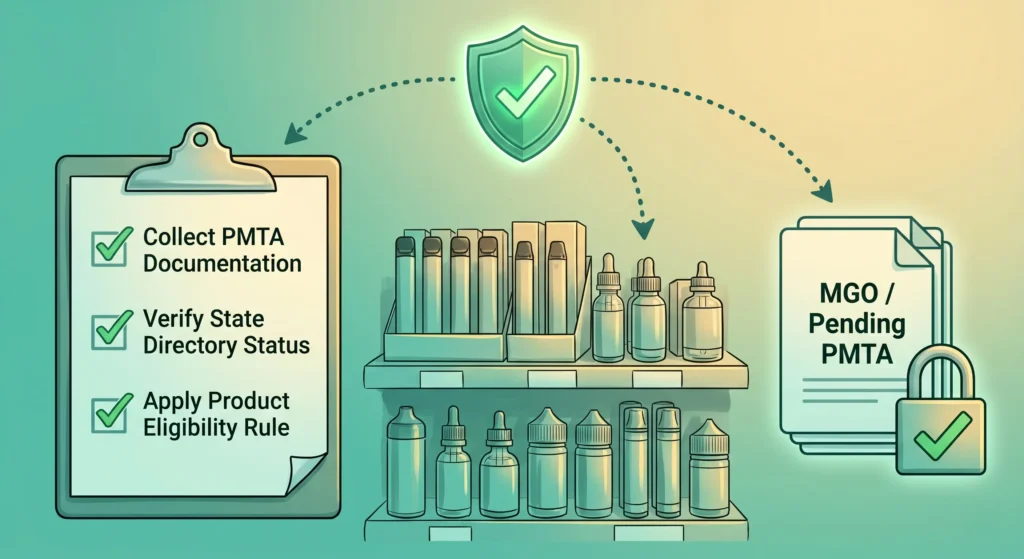 A semi-realistic editorial illustration with a teal and mint green background color wash and warm golden lighting. The scene outlines a compliance workflow for vape and ENDS products without any human figures or brand logos. On the left, a large clipboard features a checklist with green checkmarks next to the steps: "Collect PMTA Documentation," "Verify State Directory Status," and "Apply Product Eligibility Rule." In the center, a retail shelf displays unbranded disposable vapes and e-liquid bottles. On the right, a document stack icon is labeled "MGO / Pending PMTA" alongside a padlock icon featuring a green checkmark. A glowing green compliance shield with a checkmark floats at the top center, connected to each element by dotted curved arrows.