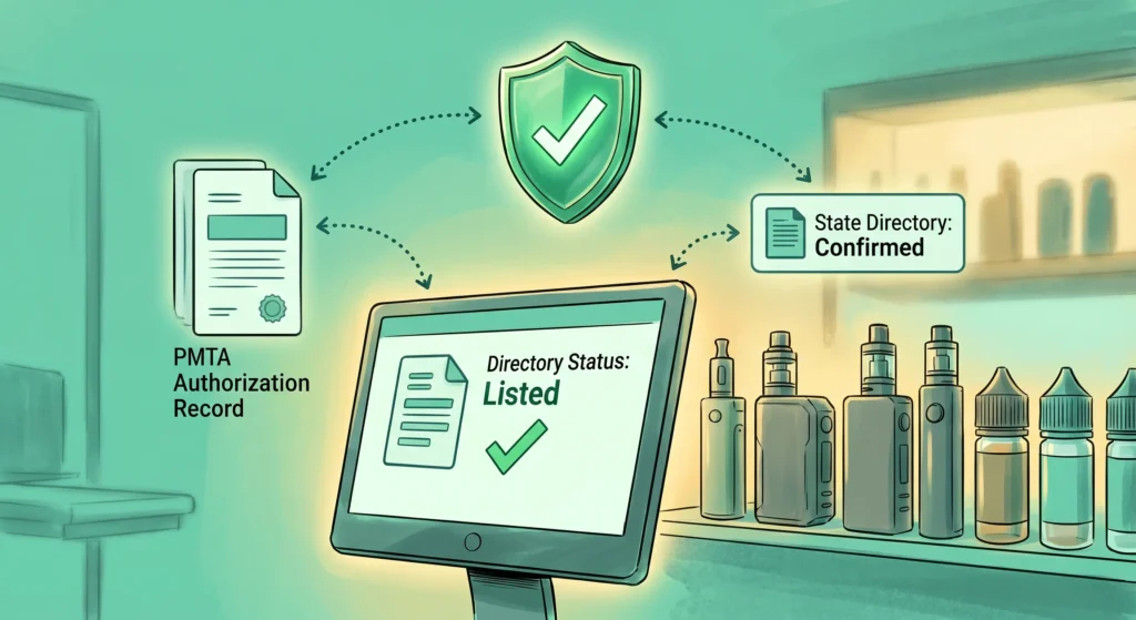 A semi-realistic digital editorial illustration set in a teal and mint green color wash environment with warm golden ambient lighting. At the center, a digital screen prominently displays "Directory Status: Listed" alongside a document icon and a bold green checkmark. To the right of the screen, a neat row of unbranded vape mod devices and e-liquid bottles sits on a retail shelf. Floating above the components is a prominent green compliance shield featuring a glowing white checkmark. Curved, dotted arrow lines create a connected workflow between the central shield, the screen, a floating document icon labeled "PMTA Authorization Record," and a secondary floating icon labeled "State Directory: Confirmed." No human figures are present.