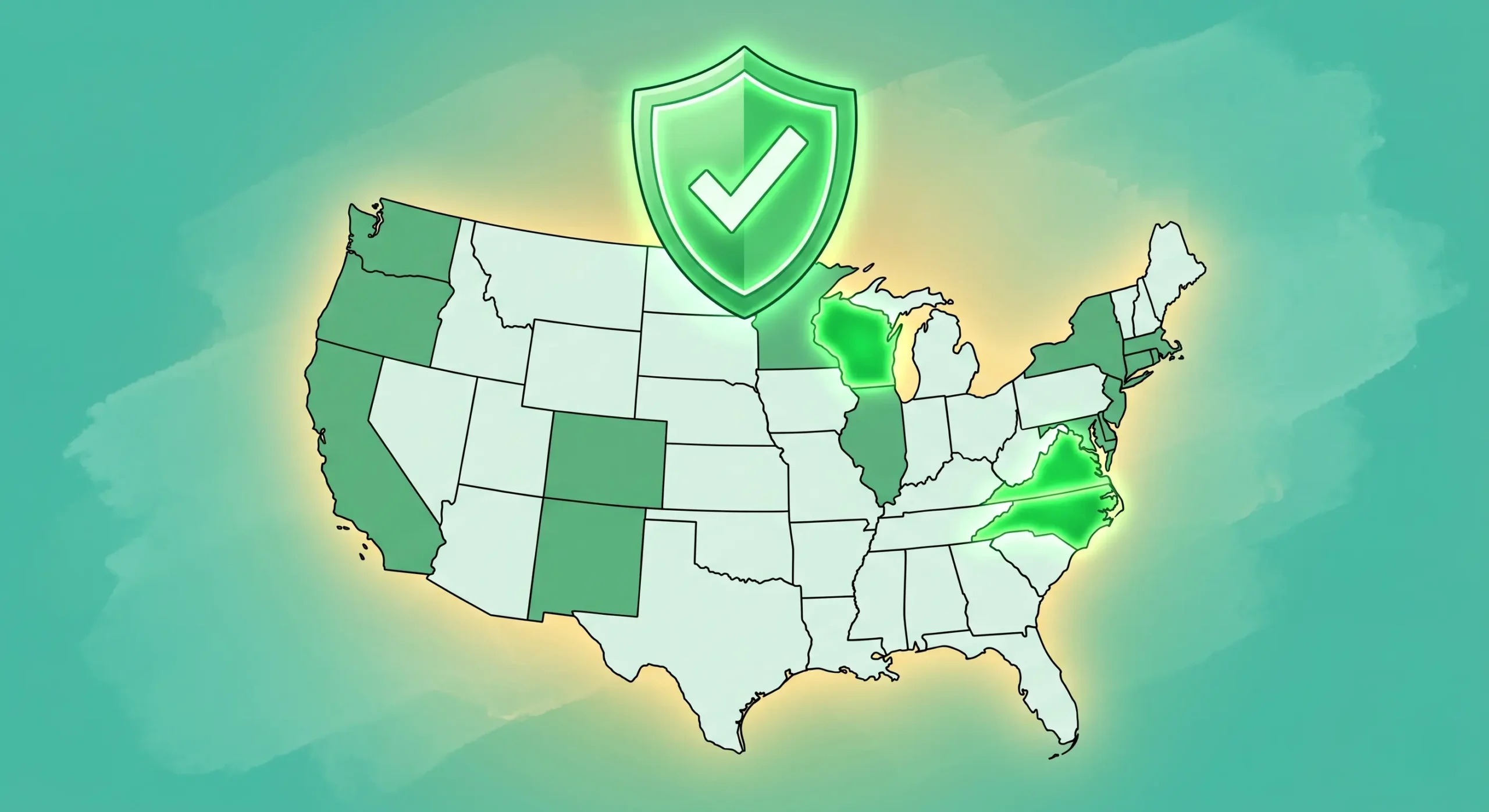 A semi-realistic digital editorial illustration set against a teal and mint green background wash with warm golden ambient lighting. The image features an outline map of the United States with fourteen states highlighted in green. Three specific states—North Carolina, Virginia, and Wisconsin—are glowing brighter than the rest. Floating centrally above the map is a glowing green compliance shield featuring a prominent white checkmark. The style is illustrated and non-photorealistic, without any human figures or third-party brand logos.
