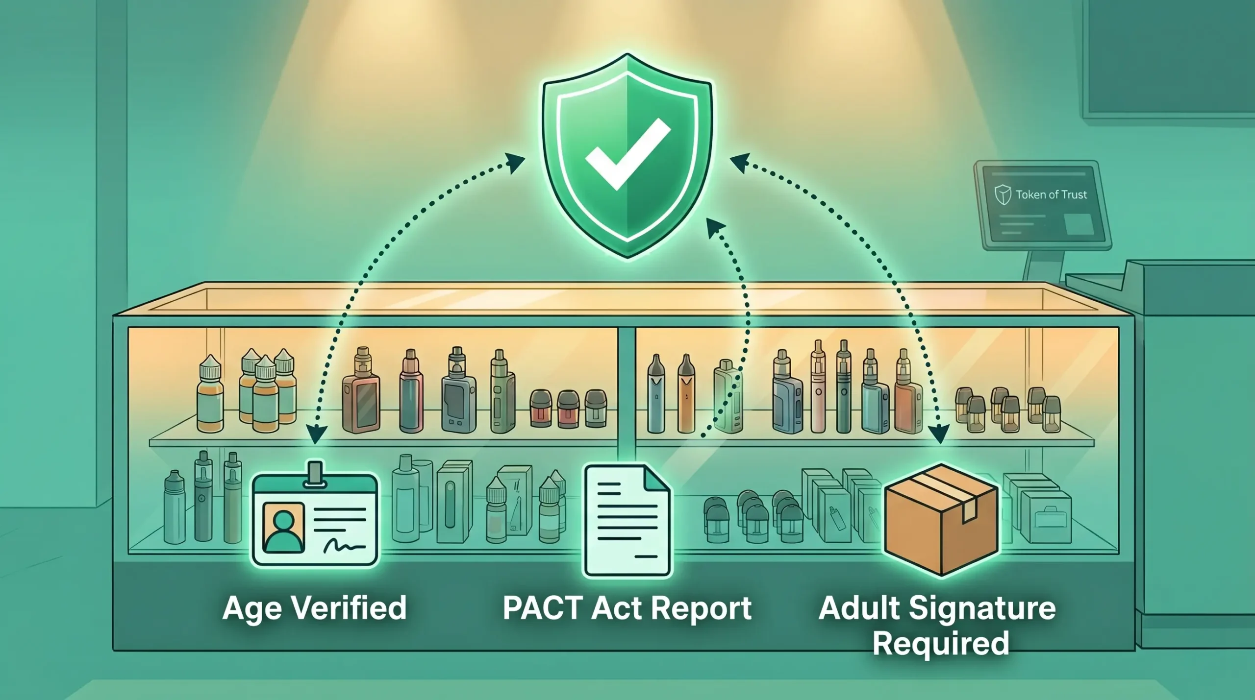A semi-realistic digital editorial illustration in a 16:9 format featuring a modern vape retail counter display case. The case is filled with various vape devices, e-liquid bottles, and pods, set against a teal and mint green color wash. A glowing green compliance shield with a white checkmark floats above the display, connected by dotted curved arrows to three icons: a digital ID card labeled "Age Verified," a document icon labeled "ATF Report," and a shipping box labeled "Adult Signature Required". The scene is illuminated by warm golden ambient lighting and includes a subtle "Token of Trust" wordmark on a small background dashboard screen.
