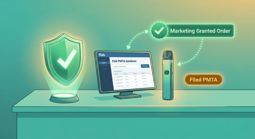 Editorial illustration highlighting vape retail regulatory compliance. Features a digital dashboard displaying an FDA PMTA database, a sleek vape pod device, and a glowing green "Marketing Granted Order" approval badge connected by arrows. An amber "Filed PMTA" label rests nearby against a minimalist teal background with golden ambient light.