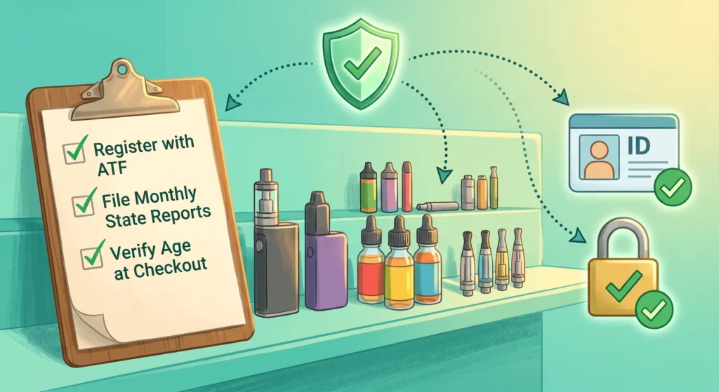 A semi-realistic editorial illustration of a vape retail shelf featuring unbranded e-liquid bottles and devices in a teal and mint-colored environment. On the left, a wooden clipboard displays a checklist with green checkmarks next to "Register with ATF," "File Monthly State Reports," and "Verify Age at Checkout". The right side features a digital ID card icon and a gold padlock with a green checkmark. A glowing green compliance shield floats centered above the scene, connected to the clipboard, the shelf, and the security icons by dotted curved arrows under warm, golden lighting.
